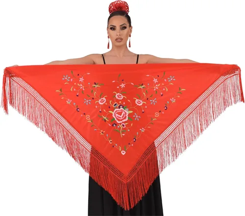 Vista 4 de Mantón de flamenco MEDIANO bordado a una cara. 160X75cm. Flecos de 5.9 in