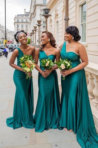 Vista 4 de One Shoulder Mermaid Bridesmaid Dresses Long Prom Dresses Satin Formal Evening Gowns with Train