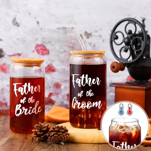 Vista 4 de 2 juegos de tazas de vidrio para madre del novio con tapas y pajitas, tazas de café helado de 16 onzas, regalos de boda para novia y novio (padre)