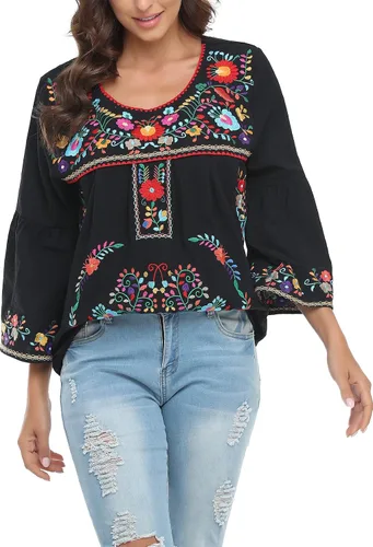 Vista 2 de YZXDORWJ Blusa campesina mexicana de algodón para mujer, color blanco