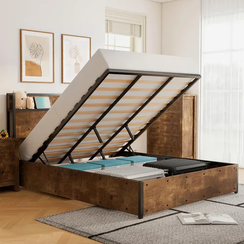 Vista 13 de Cama de Almacenamiento Elevable Tamaño Full, Marco de Cama Plataforma de Madera con Cabecera de Almacenamiento y Estación de Carga, No Necesita Negro