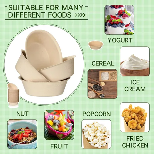 Vista 5 de Dandat Cuencos de papel desechables de 6 onzas a granel, pequeños cuencos de postre de bagazo para helado, sopa, ensalada, pasta, suministros