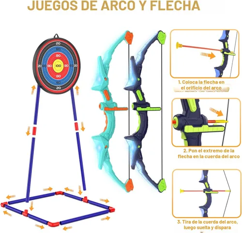 Vista 7 de Kmuxilal Paquete de 2 Arcos y Flechas para Niños con Luces LED Intermitentes, 14 Flechas con Ventosa y Diana de Pie Fluorescente - Juego de Tiro