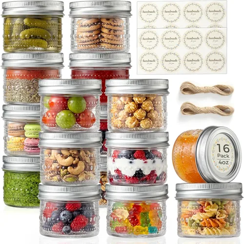 Vista 11 de Paquete de 8 frascos pequeños de vidrio con tapas, tarros pequeños de 4 onzas en relieve, tarro de conservas de boca regular con bandas de sellado