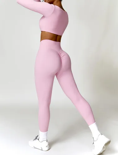 Vista 2 de ABOCIW Conjuntos de entrenamiento para mujer, 2 piezas, parte delantera torcida, manga larga, ombliguera de cintura alta, leggings acampanados