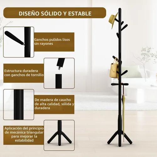 Vista 3 de Perchero de madera maciza, perchero independiente en forma de árbol con 11 ganchos, poste principal de 1.6 pulgadas de diámetro para ropa, soporte