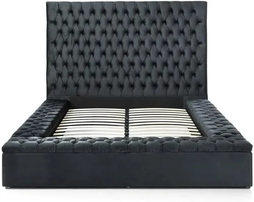 Vista 5 de Pemberly Row Cama de plataforma tamaño Queen con cabecero, pie de cama, plataforma, listones de madera en terciopelo, con almacenamiento en negro