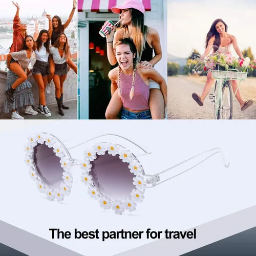 Vista 8 de Dollger Gafas de sol retro con margaritas para mujer diseño de flores redondas modernas para festivales de discoteca Tipos de marco