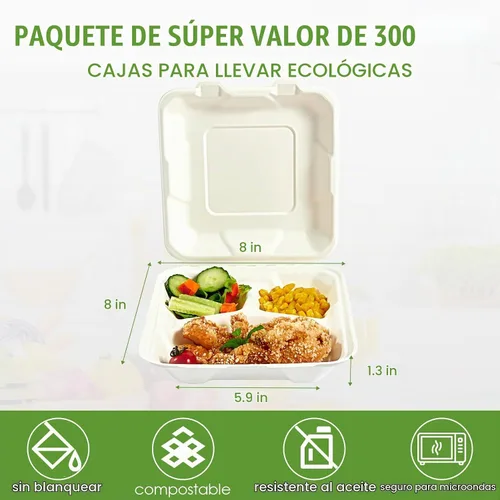 Vista 2 de Vplus Paquete de 300 Recipientes compostables para llevar con diseño de concha, de 20,3 x 20,3 cm, desechables y ecológicos, con 3 compartimentos