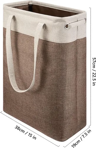 Vista 4 de Cesta de ropa sucia con asas beige y marrón, cesta de lavandería delgada plegable, cesta de ropa sucia estrecha, bolsa de lavandería plegable, cesto