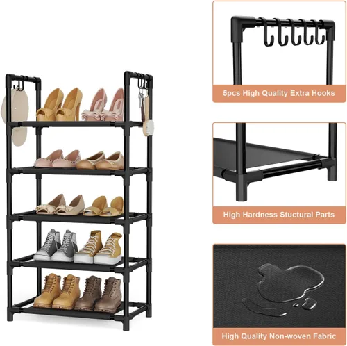 Vista 4 de LANTEFUL - Organizador de zapatos de 5 niveles, 12-15 pares, organizador de botas, estante resistente y estrecho para entrada, armarios con ganchos