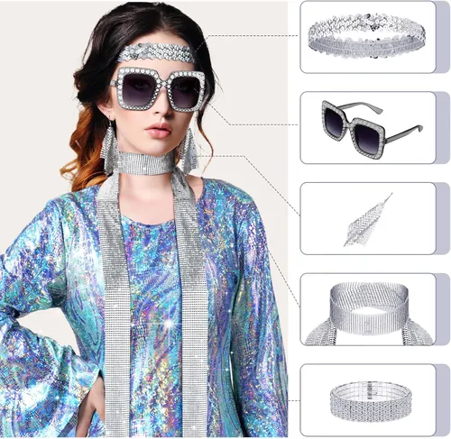 Vista 4 de Jeyiour Conjunto de 6 piezas de disfraz y accesorios de discoteca para mujer, vestido de los años 70, bufanda, pulsera, aretes, diadema, lentes