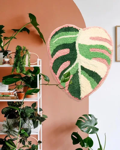 Vista 2 de Alfombra de baño de hoja de Monstera abigarrada, con forma de Monstera tropical, bonita alfombra de baño para decoración de baño, alfombra estética