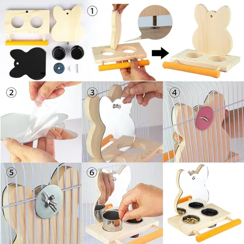 Vista 6 de Juguete de espejo de loro con tazas de alimentación de acero inoxidable, marcos de madera para pájaros con perca de jaula para periquitos pequeños