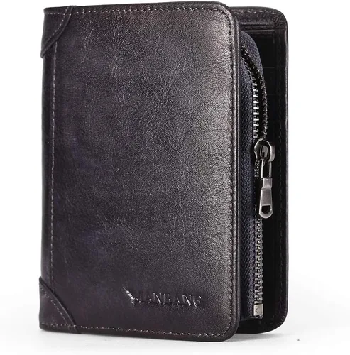 Vista 14 de Billetera para hombre con cremallera de cuero genuino RFID tarjeteros de piel de vaca con cremallera bolsillo para monedas, carteras plegables