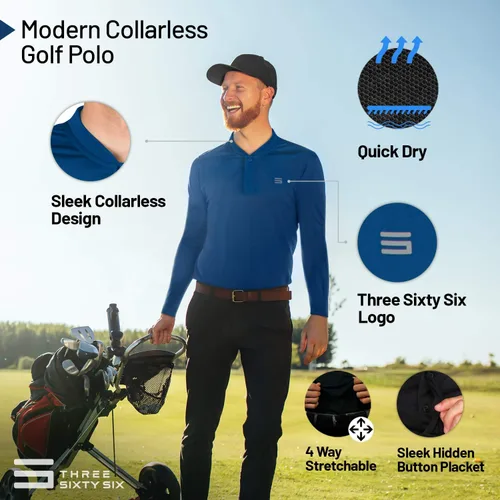 Vista 5 de Mens Dry Fit Long Sleeve Collarless Golf Shirt, Quick Dry Polos, Stretch Fabric