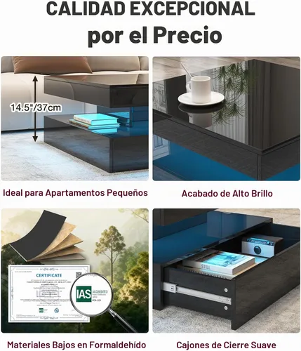 Vista 6 de FKWin Mesa de salón negra – Mesa de centro LED con luces, mesa de centro negra moderna contemporánea, mesa central cuadrada de superficie de alto