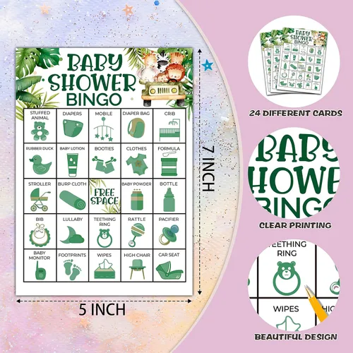 Vista 3 de Juegos de bingo para baby shower, tarjetas de bingo de género neutro para 24 jugadores, juego de cartas de safari en la selva para actividades