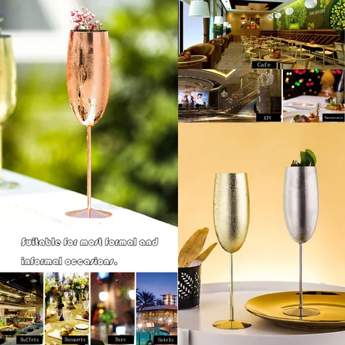 Vista 8 de Copas de champán de acero inoxidable, juego de 4 copas de vino irrompibles de 9.5 onzas, copas elegantes de tallo para tostadas a mano, para bodas
