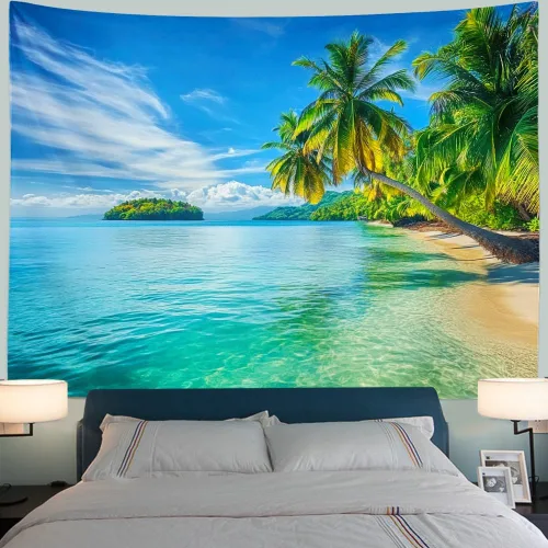 Vista 7 de Serborlur Tapiz para colgar en la pared con fondo de playa azul y mar, tapiz de pared tropical paraíso palmera, arte de pared, tapiz bohemio
