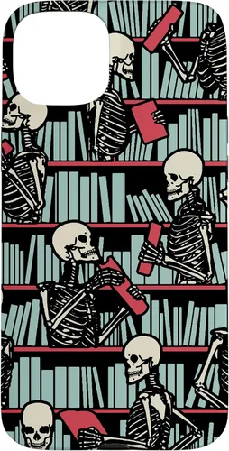 Vista 9 de iPhone 16 Bookish Public Library Skeleton Goth Librarian Books Pattern Case