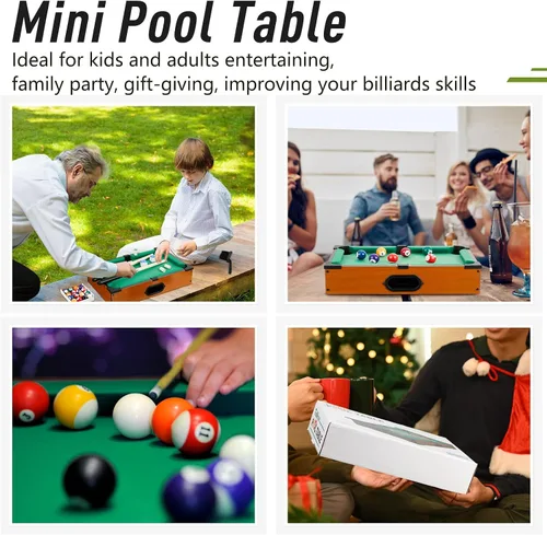 Vista 4 de Shappy Mini juego de mesa de billar Mesa de billar para gatos, juego de billar pequeño con 16 bolas, 2 palos de billar, 6 cubos de tiza, 6 puntas