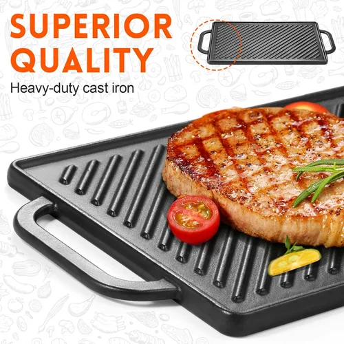 Vista 3 de GGC Parrilla reversible de hierro fundido, sartén de doble cara perfecta para parrillas de gas y estufas, 13 x 8.25 pulgadas rectangular