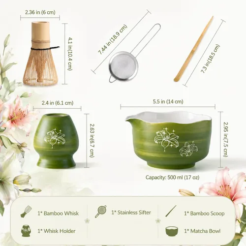 Vista 2 de Buucup Juego de matcha, 5 piezas de aguacate verde matcha con cuenco en forma de corazón con boquilla, batidor de bambú, cuchara, tamiz y soporte