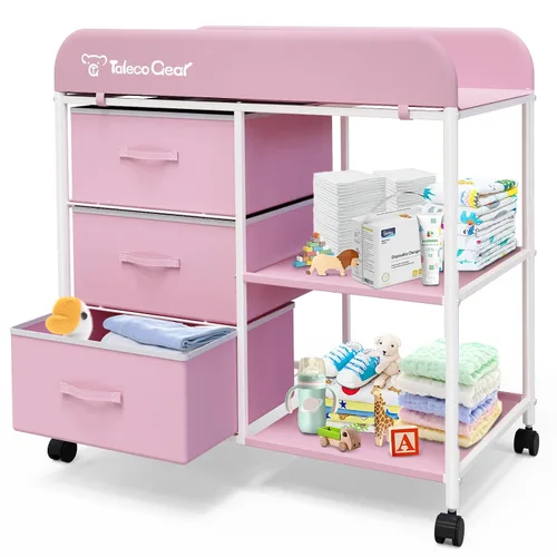 Vista 10 de Mesa cambiadora para bebé, mesa cambiadora portátil, estación de cambio de pañales con almohadilla impermeable, cómoda cambiadora con 3 cestas