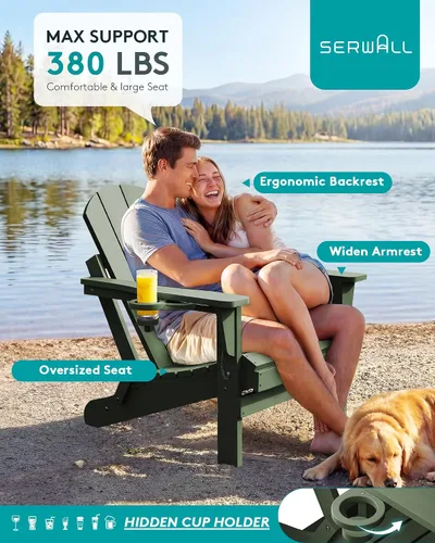 Vista 7 de SERWALL Silla Adirondack plegable para exteriores, silla de patio con portavasos - Ejército