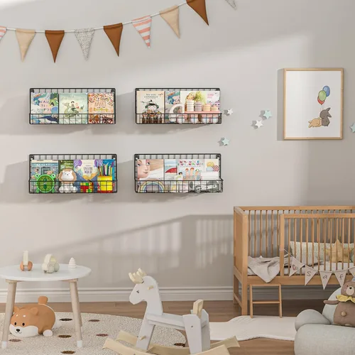 Vista 2 de X-cosrack Paquete de 4 estanterías de metal montadas en la pared, estantes flotantes para libros para niños, guardería, aula infantil, organizador