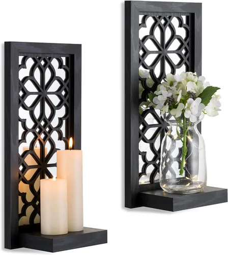 Vista 10 de Juego de 2 candelabros de pared con diseño de desplazamiento Portavelas de pared envejecida de madera tallada, sostiene velas de pilar o jarrones