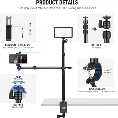 Vista 6 de NEEWER TL253A+DS001 Trípode de cámara de mesa con 2 brazos telescópicos, soporte para teléfono, cabezas esféricas, adaptador de tornillo, soporte