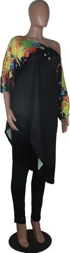 Vista 2 de Yuopeid Sudadera de verano de manga 34 para mujer, diseño irregular de tinta salpicada, pantalones largos, trajes de 2 piezas