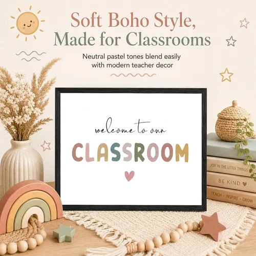 Vista 6 de OFlyDesigns Bienvenido a Nuestro Aula Decoración Boho para el Aula, Arte de Pared Arcoíris, Regalo para Maestros, Arte de Pared para Escuela