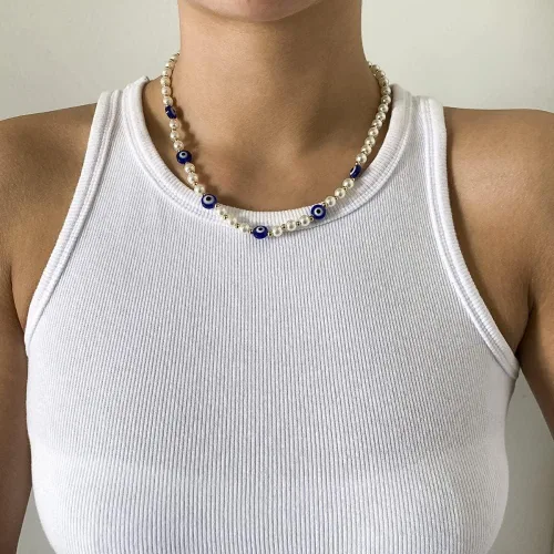 Vista 2 de Collar turco de mal de ojo, collar de ojo turco con cuentas de acrílico vintage, collar de cadena de clavícula, collar de cadena unisex a juego