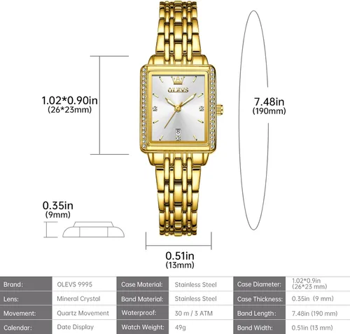 Vista 6 de OLEVS Reloj de mujer de oro de acero inoxidable, reloj de cara cuadrada pequeña con decoración de diamantes, reloj de vestir de cuarzo analógico