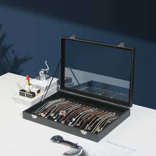 Vista 5 de Coward Joyero organizador de collar de 20 ganchos, a prueba de polvo, estuche de terciopelo negro con tapa de vidrio transparente para uso doméstico