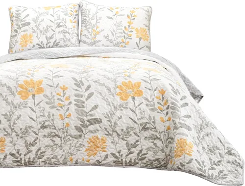 Vista 7 de LUSH DECOR - Juego de ropa de cama reversible, 3 piezas, diseño de hojas, color gris tamaño King Amarillo y gris