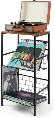 Vista 7 de Soporte para tocadiscos con almacenamiento de discos de vinilo de 3 niveles, soporte giratorio pequeño con soporte para discos de almacenamiento