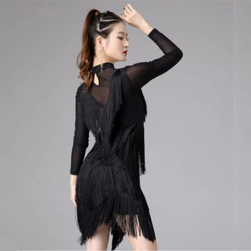Vista 5 de Vestido de entrenamiento latino con borlas, falda de práctica de cha cha, para mujer, para sala de baile, tango, vals