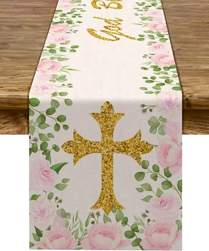Vista 6 de Pudodo Camino de mesa de bautismo para niños, Dios bendiga la primera comunión, bautizo, baby shower, fiesta, cocina, comedor, decoración del hogar