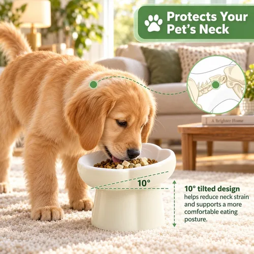 Vista 4 de Cuencos de alimentación para mascotas, cuenco elevado de cerámica para perros, cuenco elevado inclinado en 10° con diseño de flores, base Blanco