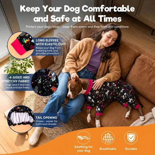Vista 5 de LovinPet Pijamas grandes para perros Pitbull: cuidado de heridas/ropa de perro poscirugía, mamelucos para perros, estampado negro de arco iris