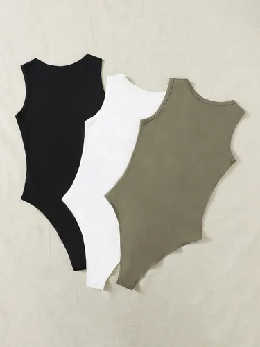 Vista 3 de Milumia Conjunto de 3 mamelucos sin mangas para mujer, cuello redondo, ajustados
