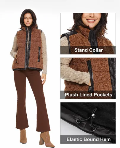 Vista 5 de Orolay Chaleco casual de forro polar para mujer, cálido, para exteriores, chaleco corto lanudo con capucha