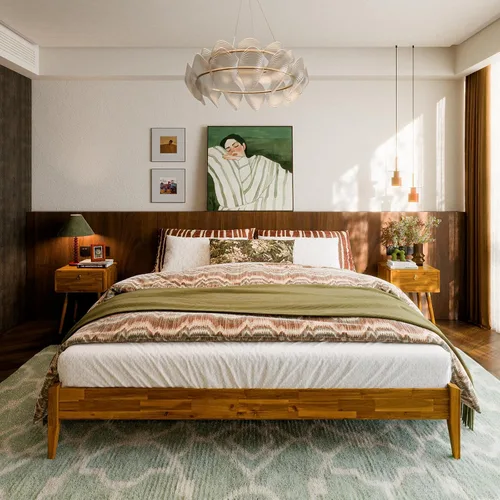 Vista 30 de Bme Dinkee - Marco de cama de plataforma Queen de madera de 15 pulgadas, marco de cama de madera maciza, estilo moderno y minimalista, soporte de 12