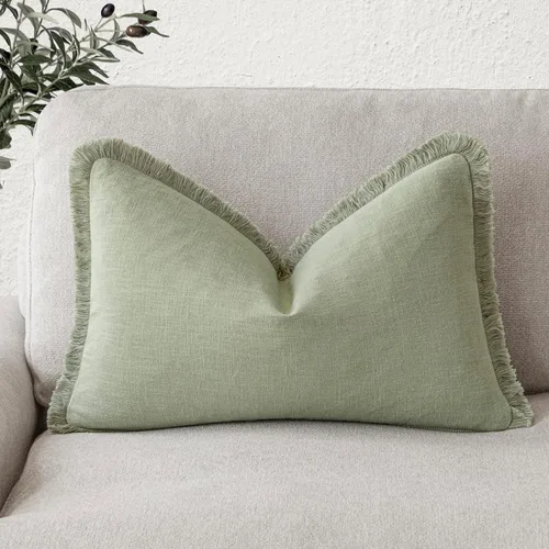 Vista 48 de Foindtower Fundas de almohada decorativas de lino con flecos, acogedora funda de cojín bohemia estilo farmhouse con borlas, funda de almohada