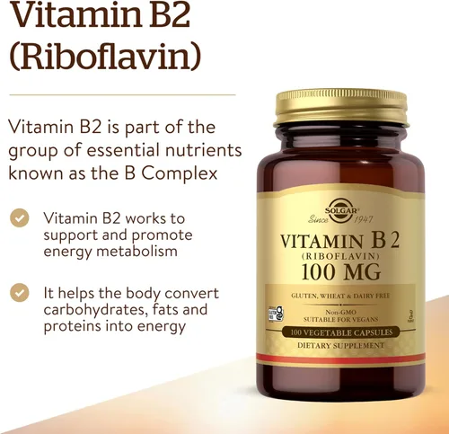 Vista 3 de Solgar Vitamina B2 (riboflavina) 100 mg, 100 cápsulas vegetales - Metabolismo energético, sistema nervioso saludable - Sin OMG, vegano, sin gluten