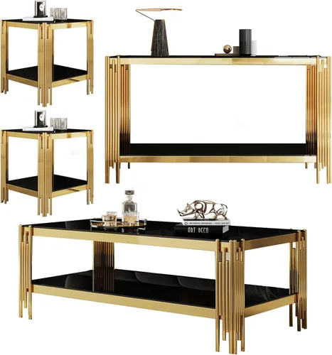 Vista 30 de Mesa auxiliar rectangular de vidrio de 48 pulgadas, mesa de centro de 2 niveles con parte superior de vidrio templado negro, patas de acero